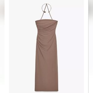 Zara Brown Jewel Neckline Stretch Fabric Ruching Side Detail Midi Dress Sz-M